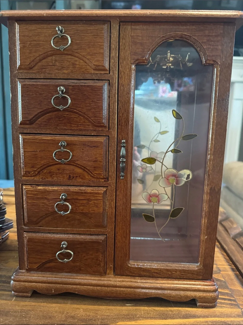 Wood Finish Jewelry Armoire with Floral Glass Door